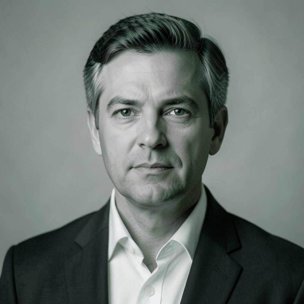 Abstraktes Porträt in gedeckten Grau- und Grüntönen, das strategische Kompetenz und technisches Know-how vermittelt
